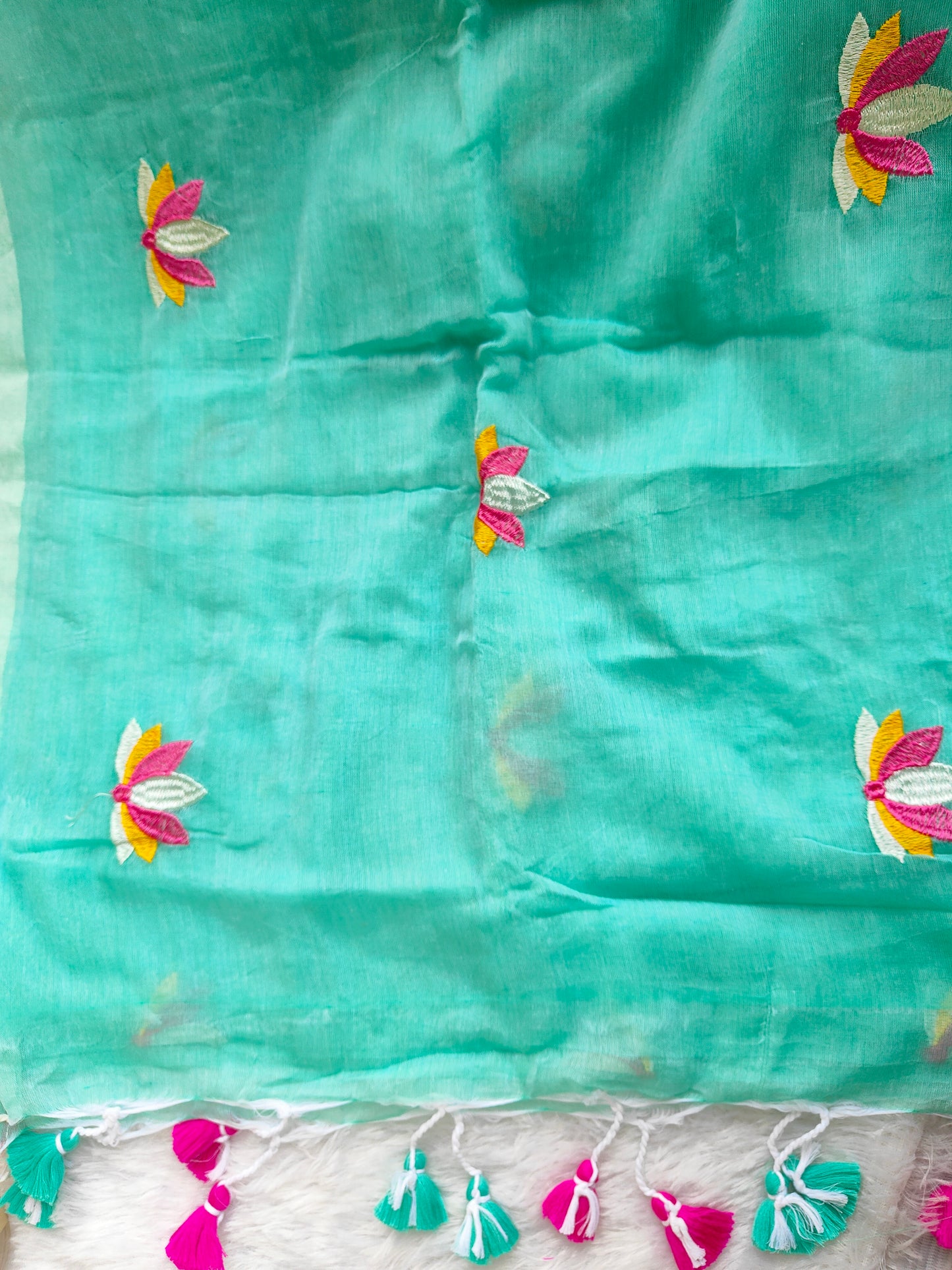 SKY BLUE LOTUS EMBROIDERED MUL COTTON SAREE