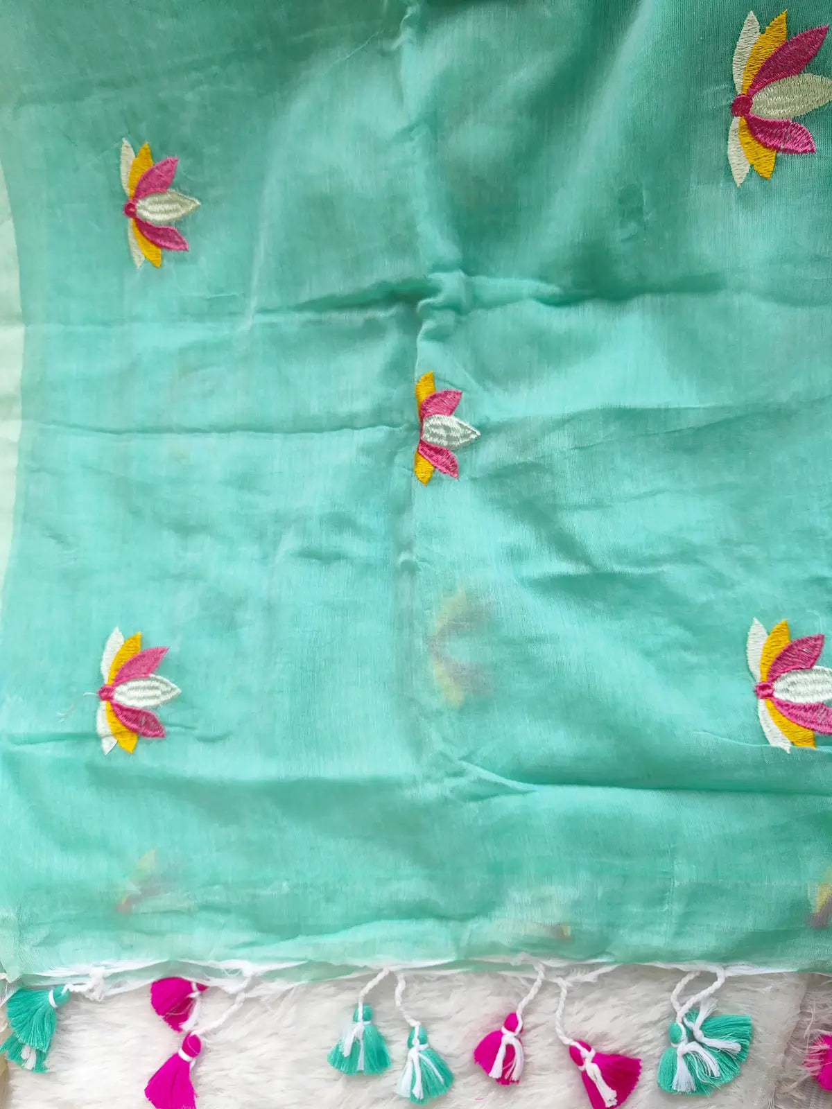 SKY BLUE LOTUS EMBROIDERED MUL COTTON SAREE