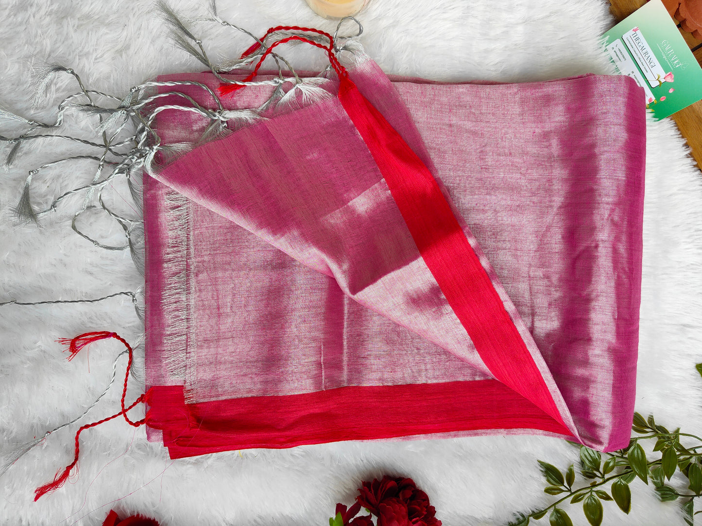 PINK AND RED COTTON TISSUE SAREE