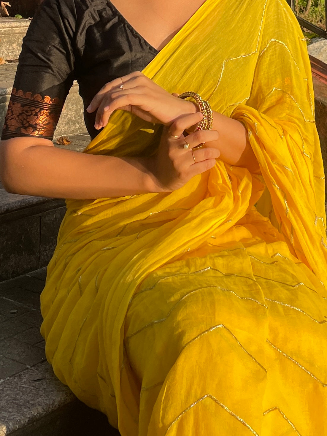 YELLOW ZIG ZAG MUL COTTON SAREE