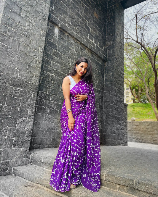 PURPLE AND WHITE MULMUL COTTON SAREE