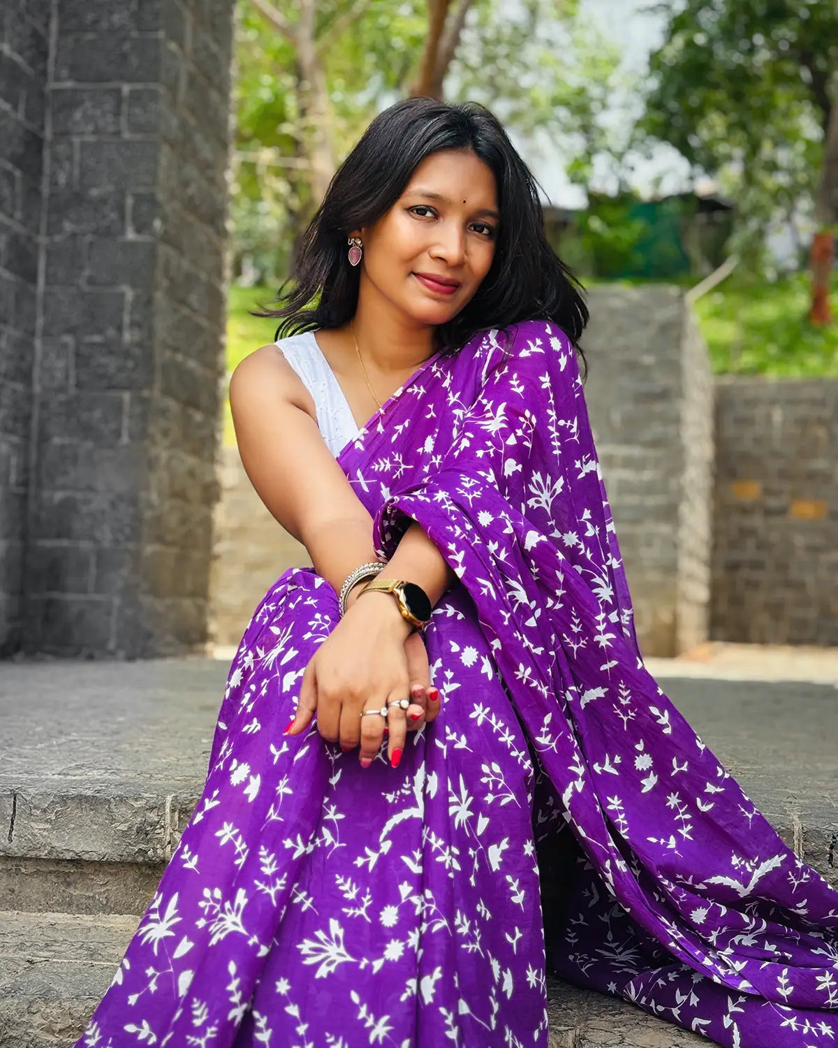 PURPLE AND WHITE MULMUL COTTON SAREE