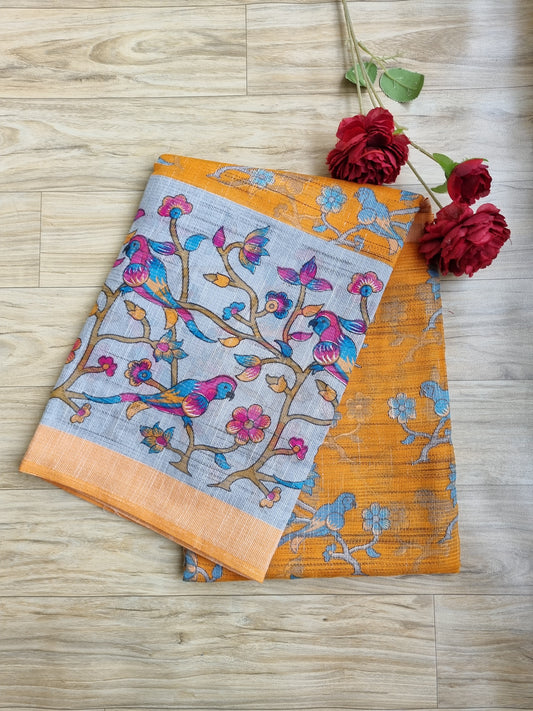 YELLOW COTTON KALAMKARI SAREE