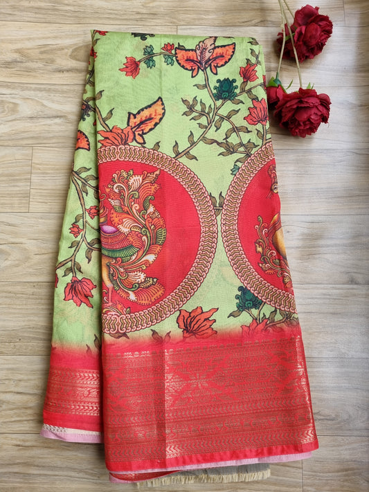 GREEN AND ORANGE KALAMKARI SAREE