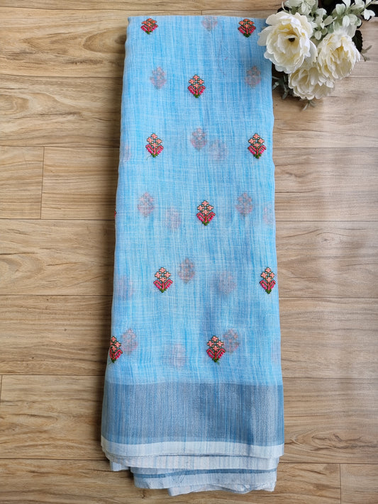 SKY BLUE COTTON LINEN SAREE