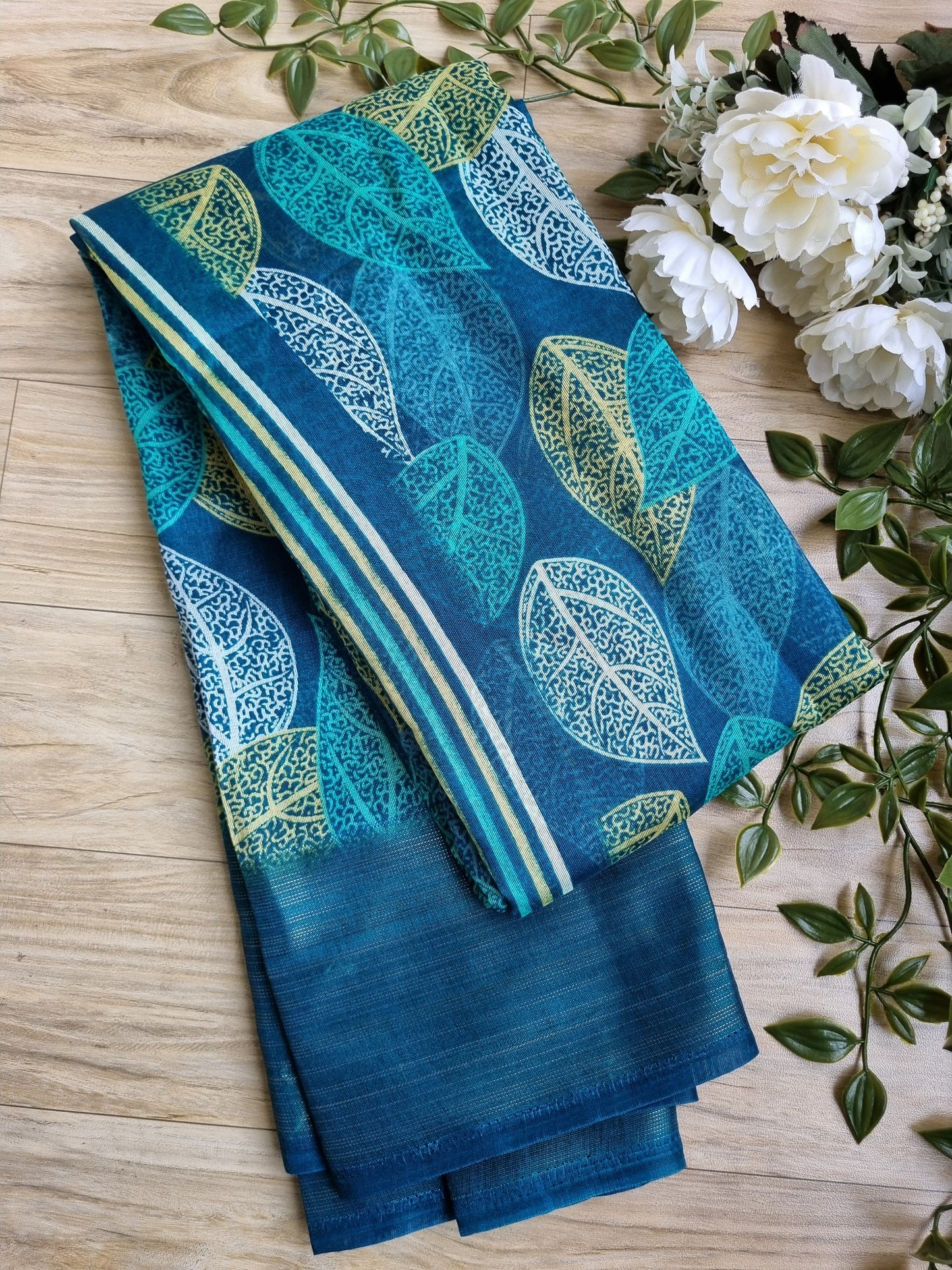 TEAL GREEN PRINTED COTTON SAREE