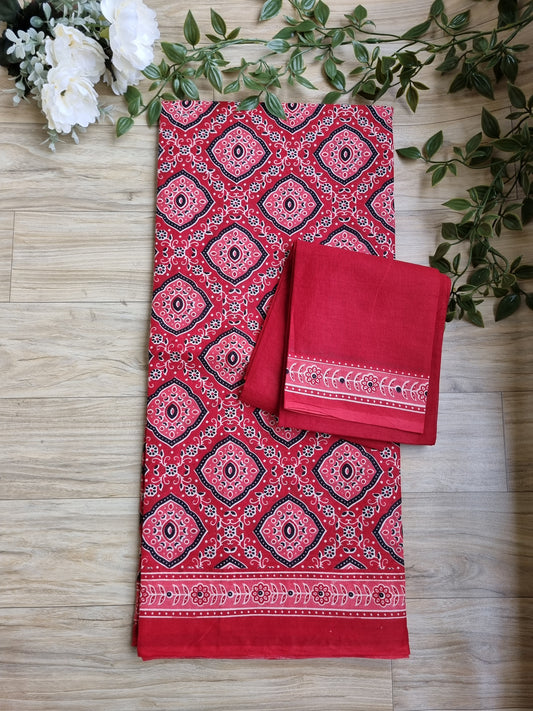 RED MUL COTTON SAREE WITH AJRAKH PRINT