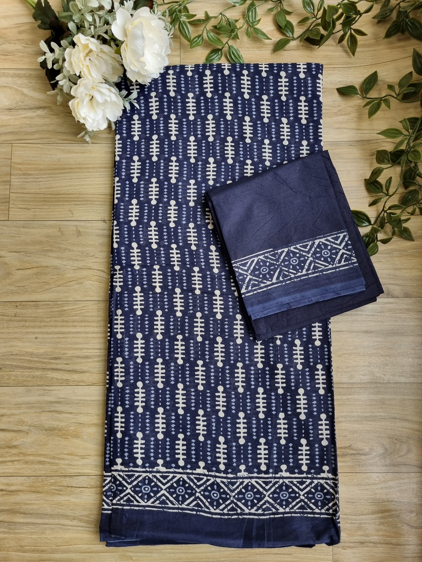 NAVY BLUE MUL COTTON SAREE WITH AJRAKH PRINT