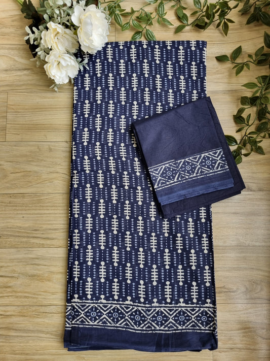 NAVY BLUE MUL COTTON SAREE WITH AJRAKH PRINT