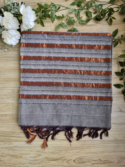PURE COTTON GREY SAREE WITH COPPER BORDER