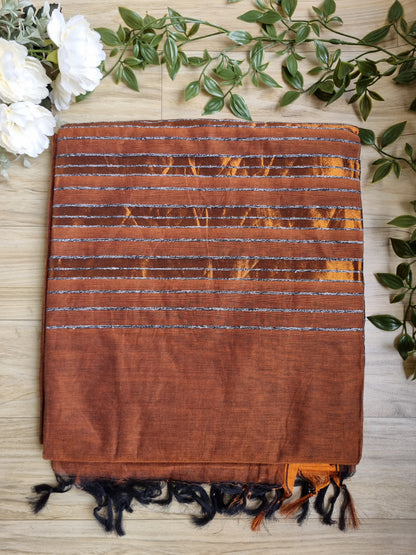 PURE COTTON BROWN SAREE WITH COPPER BORDER