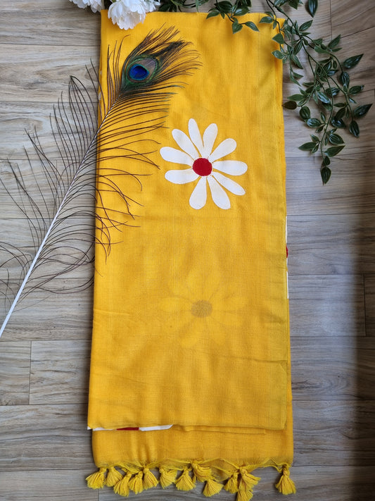 YELLOW DAISY HAND PAINTED KHADI SAREE