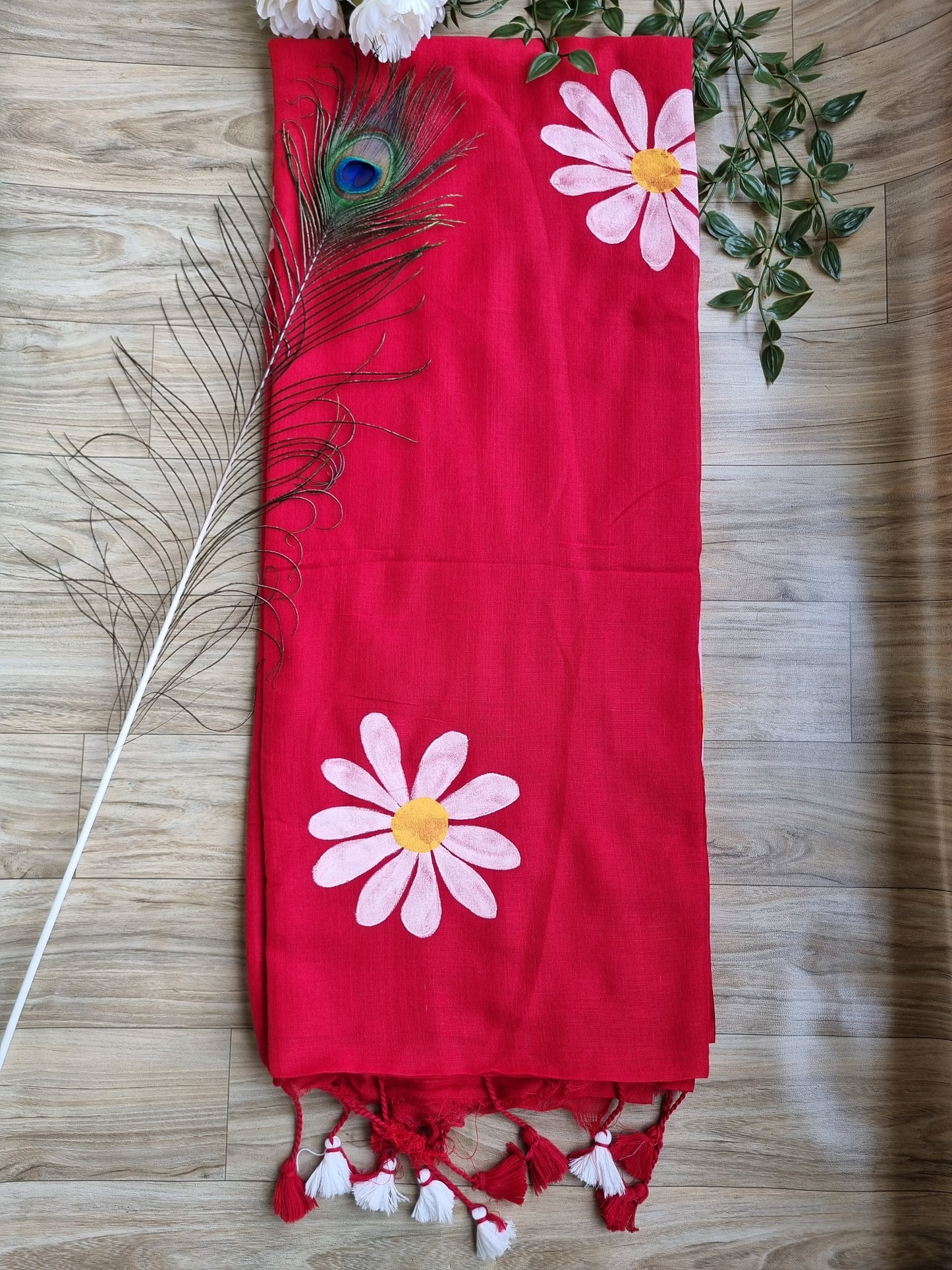 HAND PAINTED KHADI RED SAREE