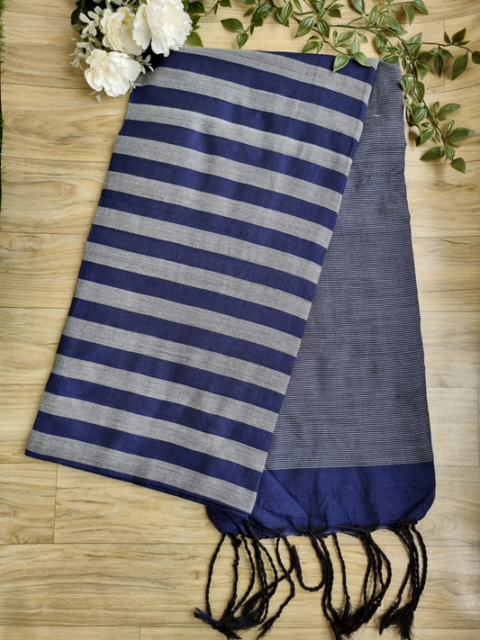 BLUE AND GREY STRIPED KHADI COTTON SAREE