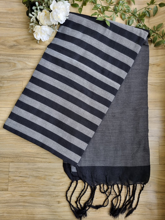 KHADI COTTON BLACK & GREY STRIPED SAREE