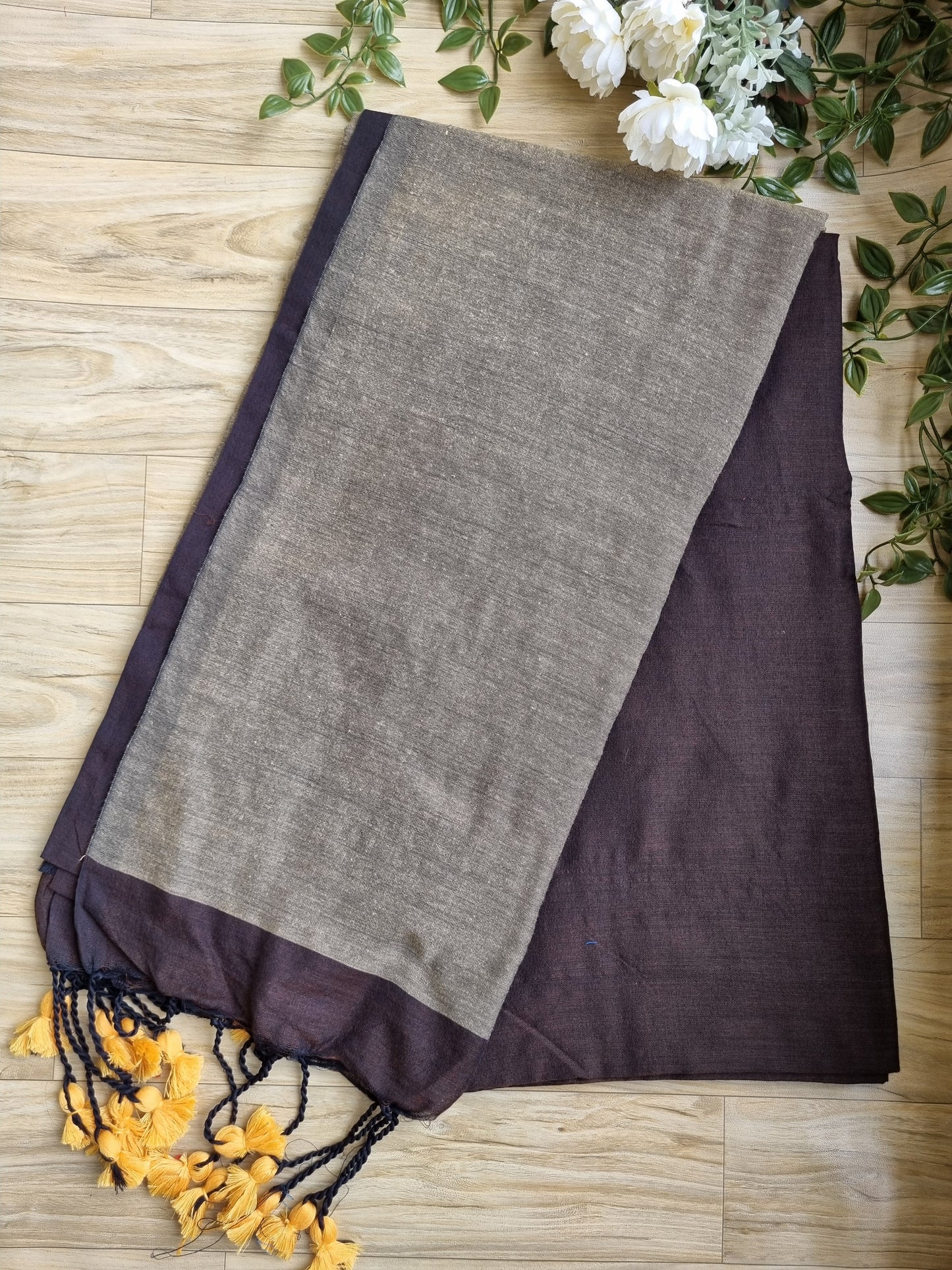 GREY & BROWN BORDER KHADI COTTON SAREE