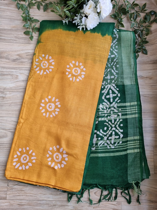 GREEN & YELLOW LINEN COTTON SAREE