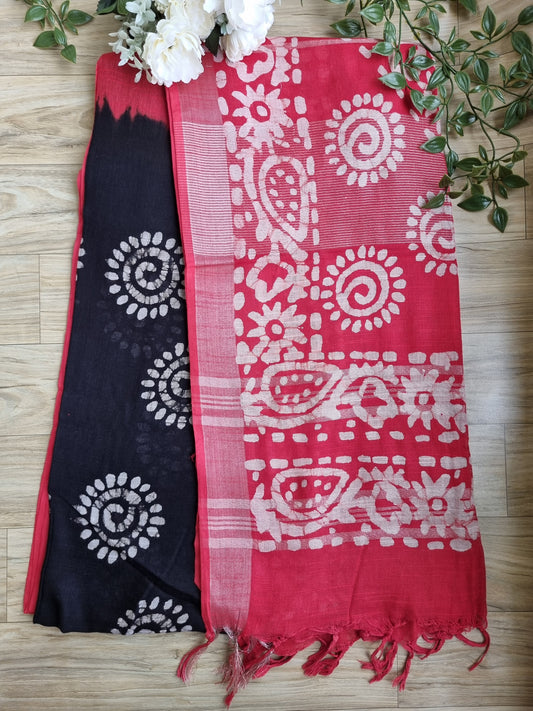 RED & BLACK LINEN COTTON SAREE