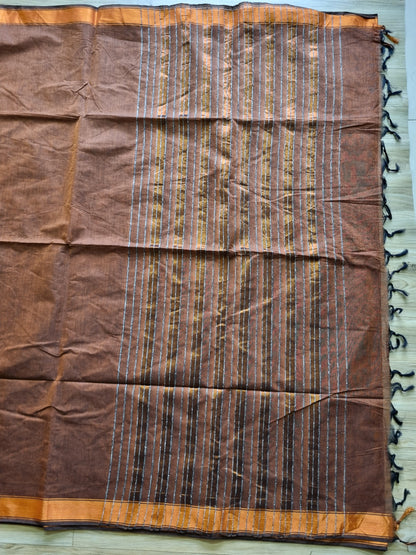 PURE COTTON BROWN SAREE WITH COPPER BORDER