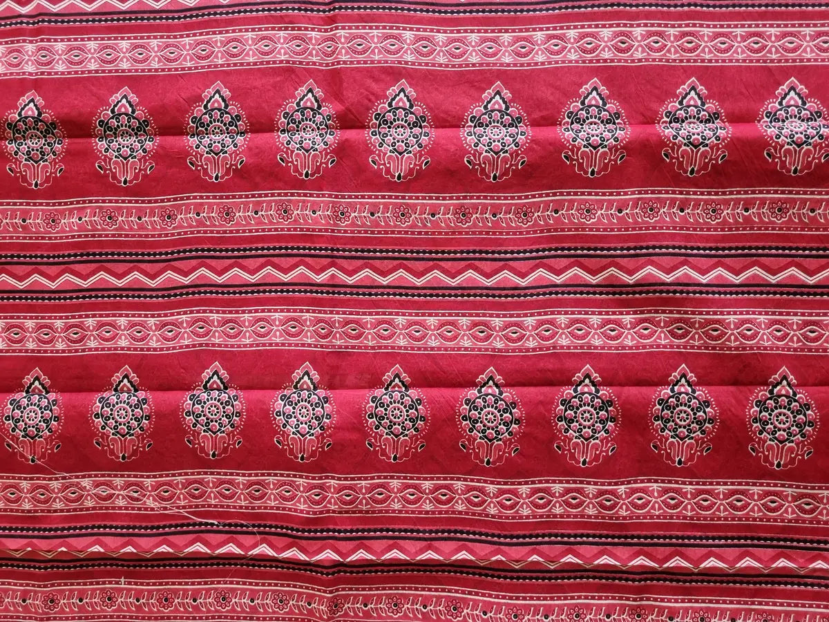 RED MUL COTTON SAREE WITH AJRAKH PRINT