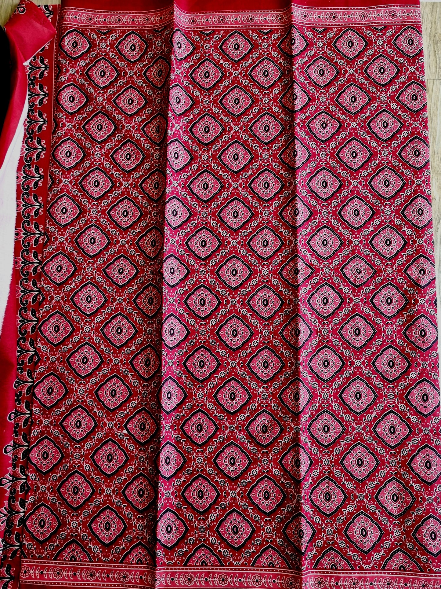 RED MUL COTTON SAREE WITH AJRAKH PRINT