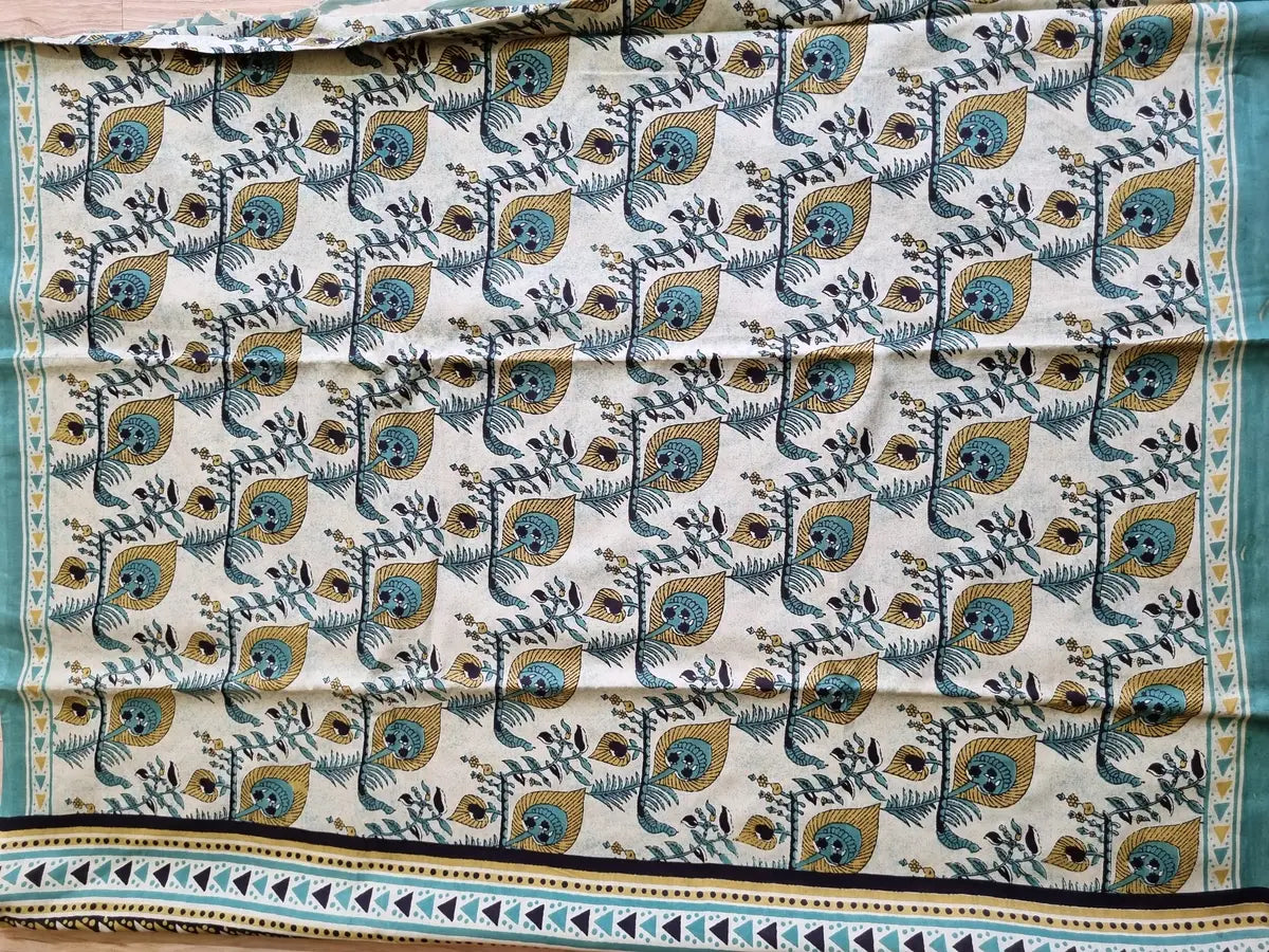 PEACOCK FEATHER MINT GREEN MUL COTTON SAREE
