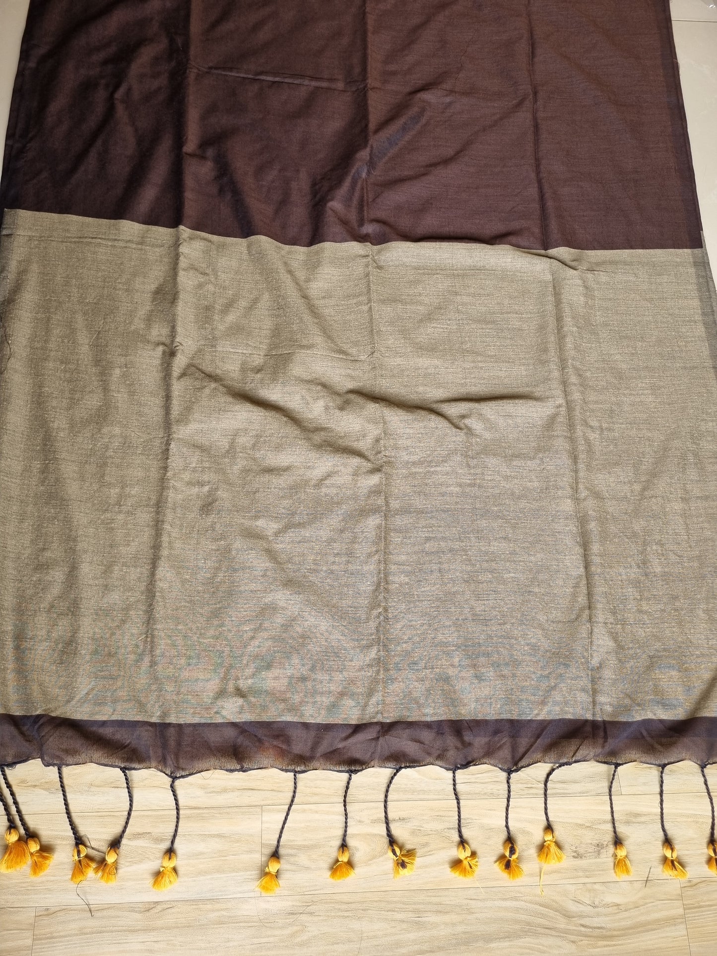 GREY & BROWN BORDER KHADI COTTON SAREE