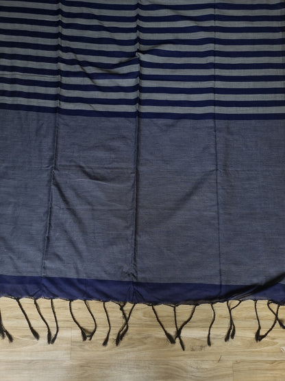 BLUE AND GREY STRIPED KHADI COTTON SAREE