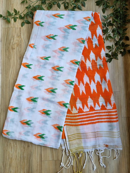 ORANGE & WHITE IKKAT LINEN SAREE