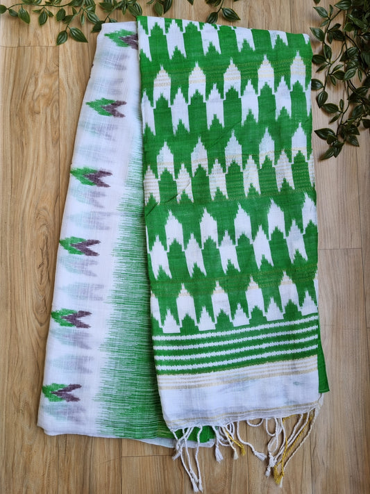 GREEN & WHITE IKKAT LINEN SAREE