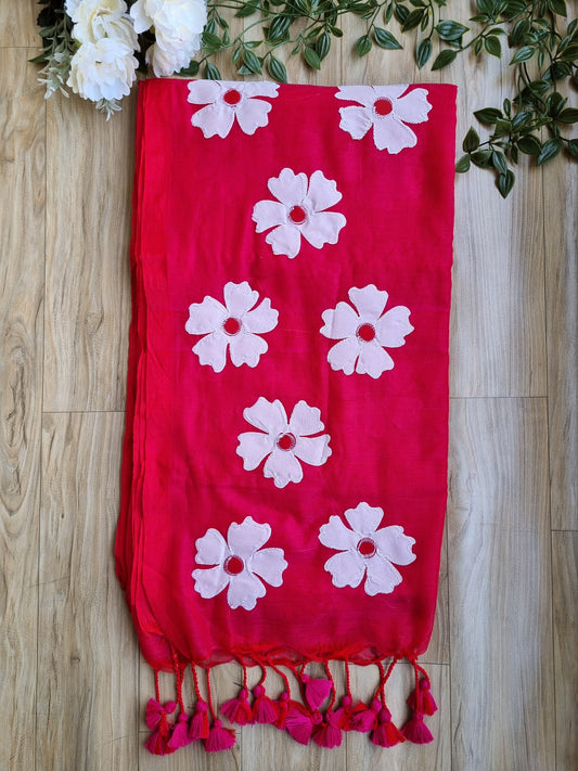 APPLIQUE KHADI COTTON RED SAREE