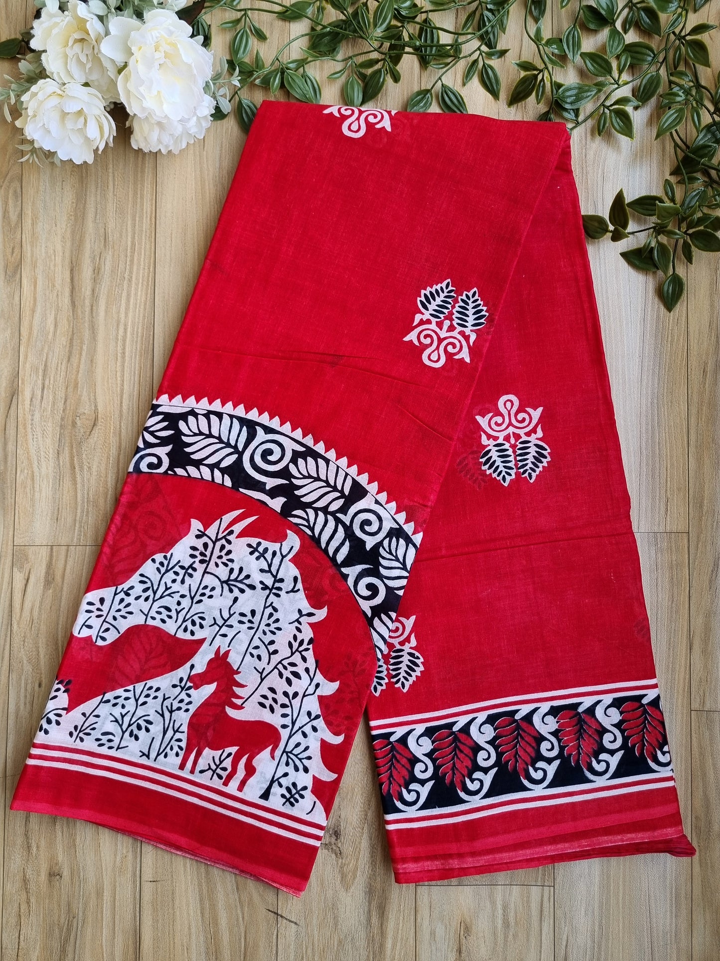 RED BLOCK PRINT SAREE