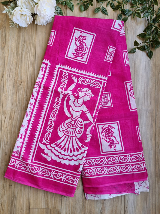 PINK & WHITE BLOCK PRINT SAREE