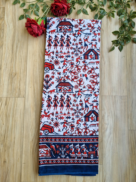 BLUE & RED KALAMKARI PRINT SAREE