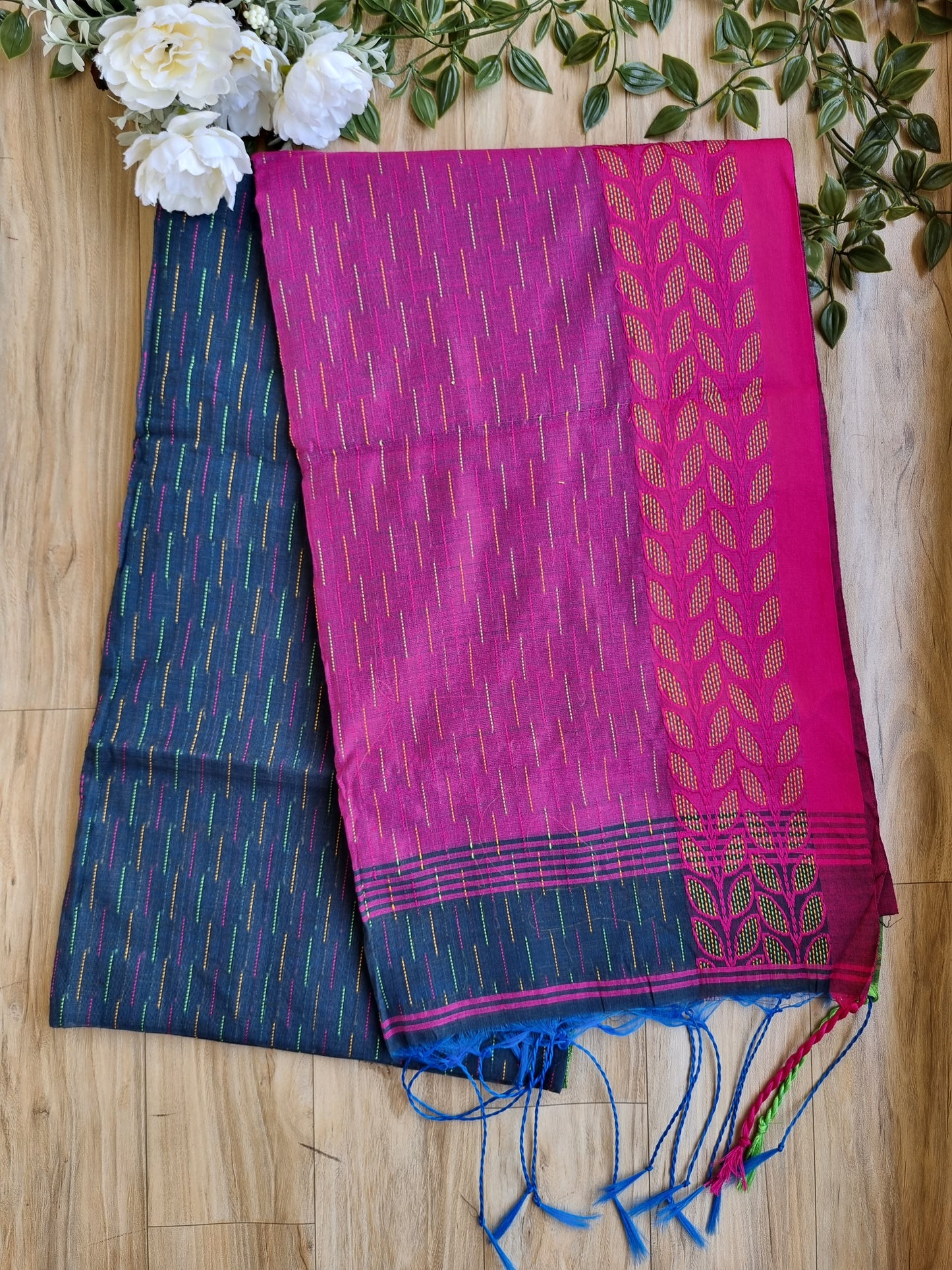 PINK & TEAL COTTON SLAB SAREE