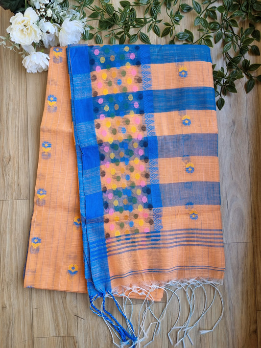 PEACH & BLUE COTTON SLAB SAREE