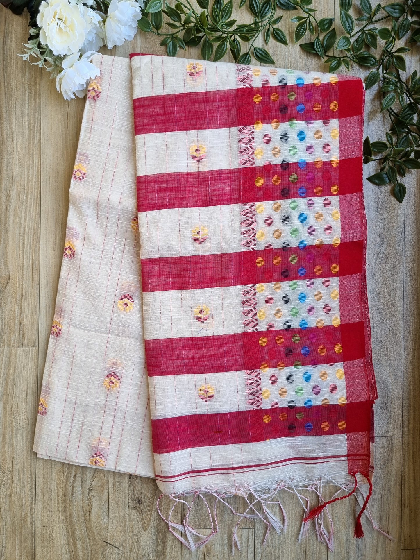 CREAM & RED COTTON SLAB SAREE