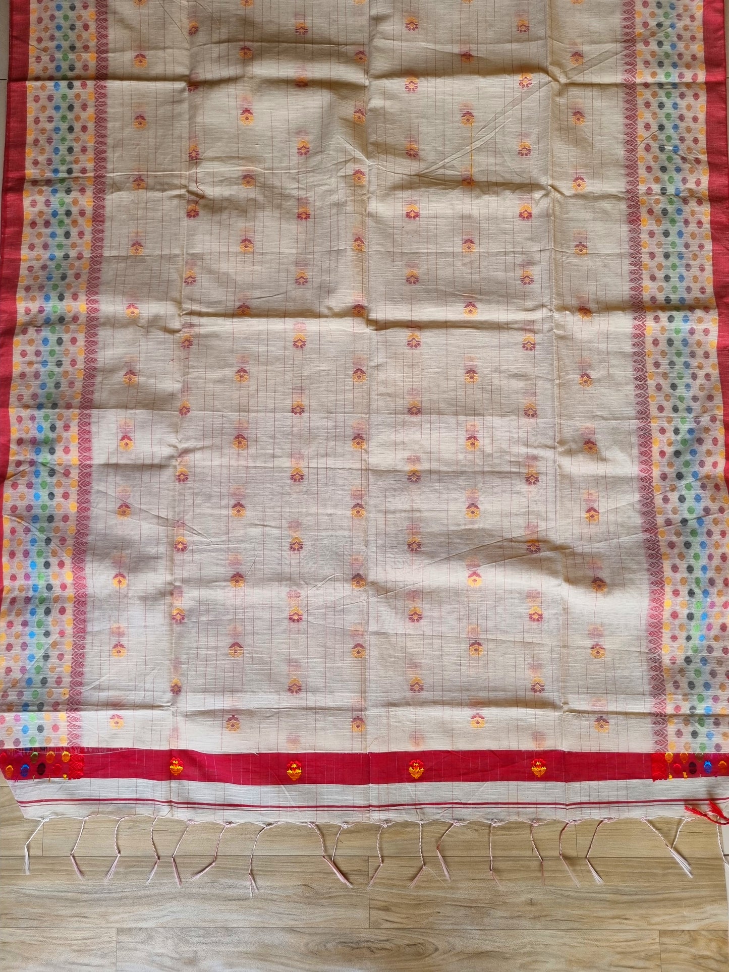 CREAM & RED COTTON SLAB SAREE