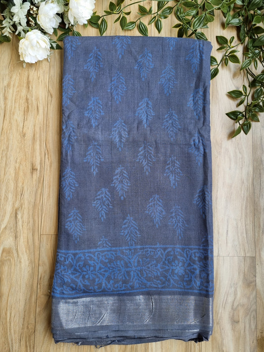 DARK BLUE GREY COTTON LINEN SAREE