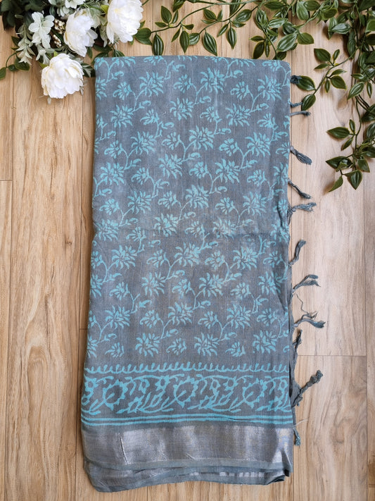 TEAL GREY COTTON LINEN SAREE WITH SILVER BORDER