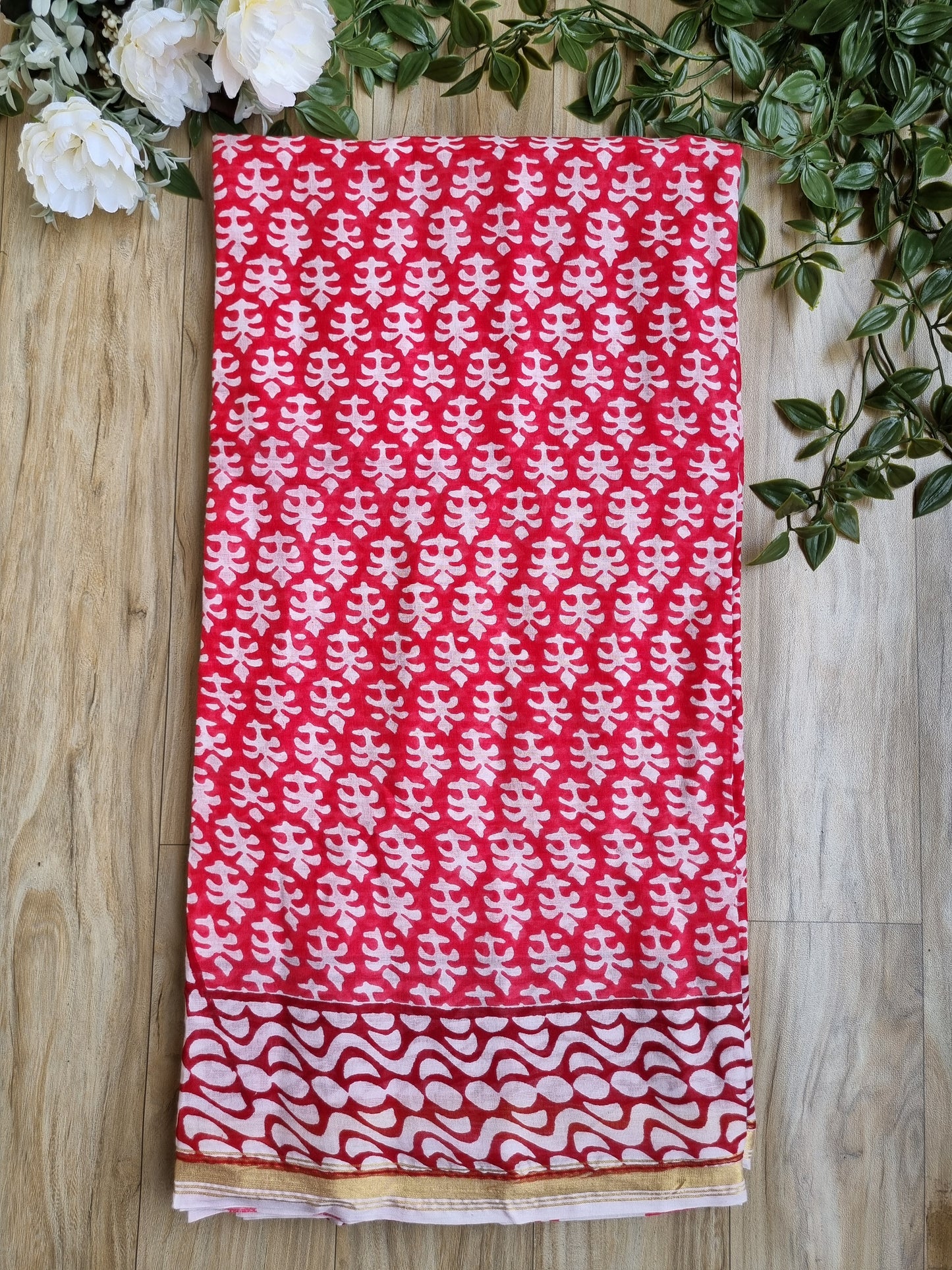 BLOCK PRINT CHANDERI COTTON SAREE WITH SMALL ZARI