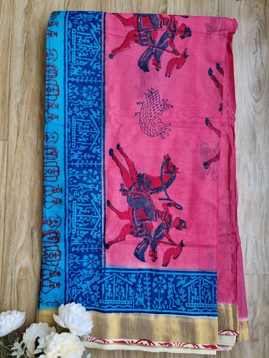 BLUE AND PINK GOLDEN BORDER SAREE