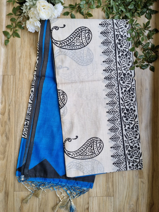 TUSAR PRINT BLUE AND WHITE SAREE