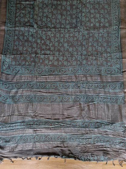 TEAL GREY COTTON LINEN SAREE WITH SILVER BORDER