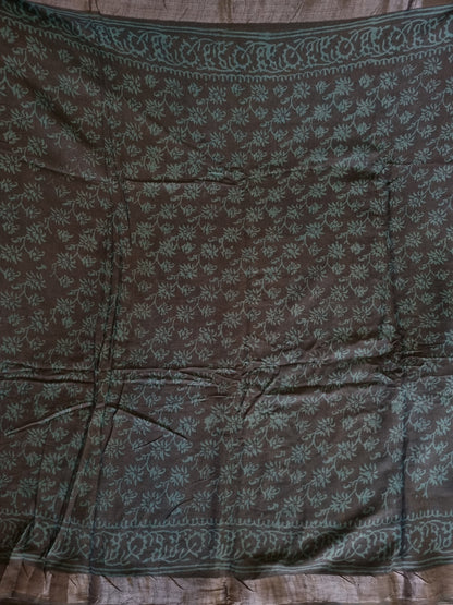 TEAL GREY COTTON LINEN SAREE WITH SILVER BORDER
