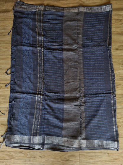 DARK BLUE GREY COTTON LINEN SAREE