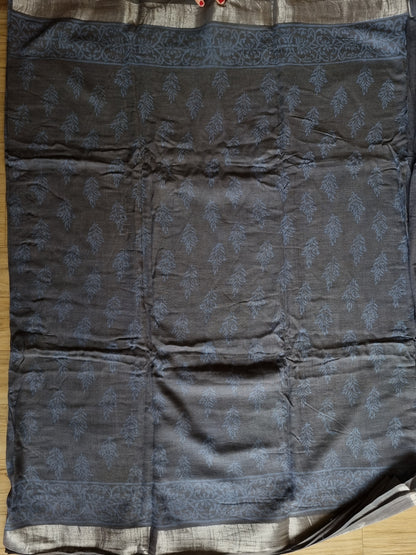 DARK BLUE GREY COTTON LINEN SAREE