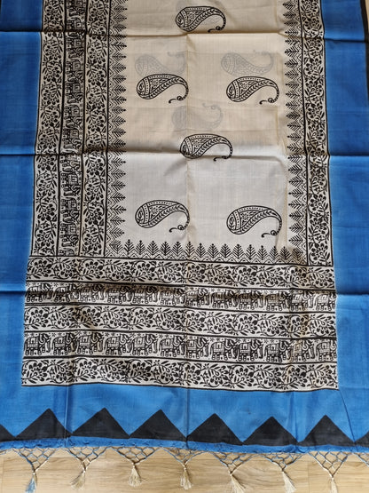 TUSAR PRINT BLUE AND WHITE SAREE