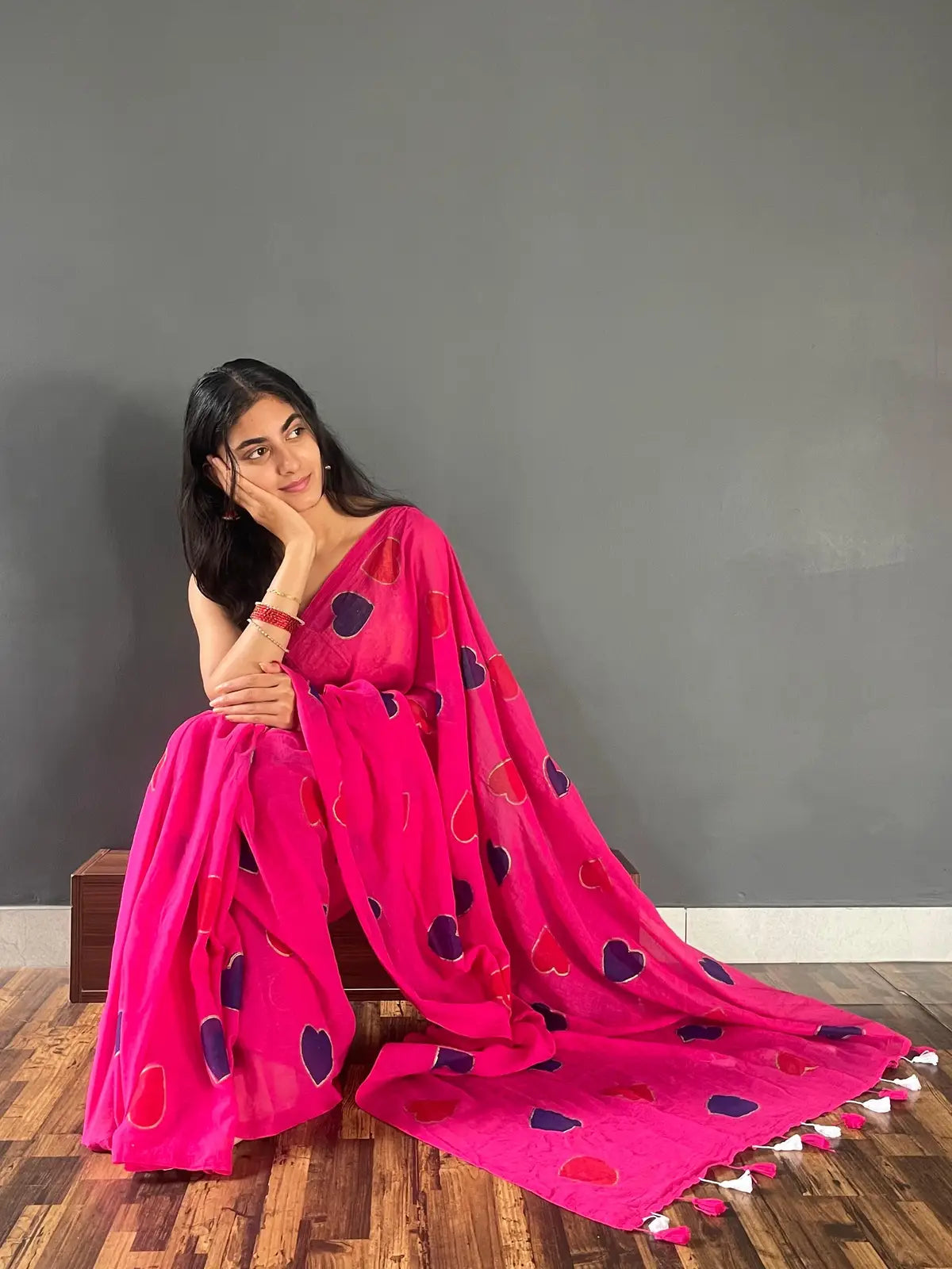 DARK PINK HEART MUL COTTON SAREE