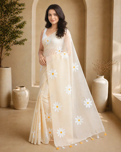 BEIGE FLORAL HAND PAINTED MUL COTTON SAREE